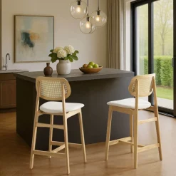 AugustinTabouret snack avec dossier en cannage et assise en tissu