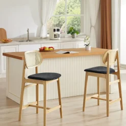 AugustinTabouret snack avec dossier en cannage et assise en tissu