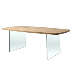 Carte Table de salle à manger pieds en verre et plateau tonneau en bois massif