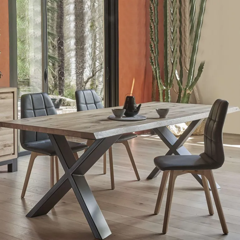 Carte Table extensible rectangulaire en chêne massif et métal pieds en X