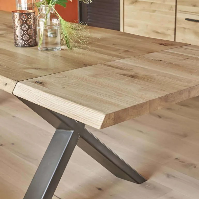 Carte Table extensible rectangulaire en chêne massif et métal pieds en X