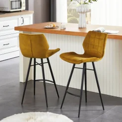 ImpiaTabouret design coque matelassée en velours et pieds en métal noir