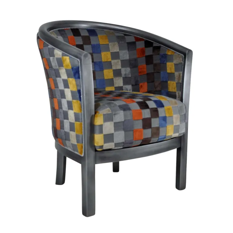 Julien Fauteuil tonneau pour salon fabrication française en tissu et bois massif