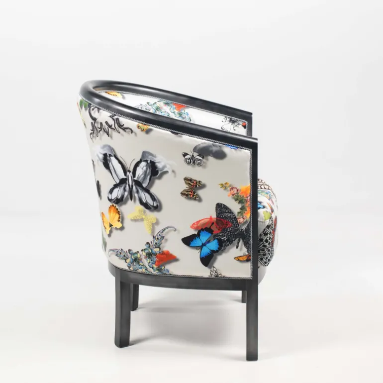 Julien Fauteuil tonneau pour salon fabrication française en tissu et bois massif