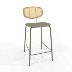 Ritmo Tabouret snack rétro avec dossier cannage rotin et assise en simili